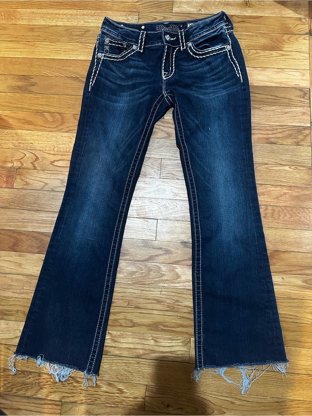 Miss Me Y2K Low Rise Dark Wash Bootcut Jeans Raw Hem Pocket Flaps Studs Bling 28